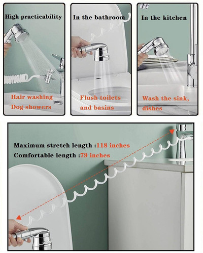 Handheld Sink Faucet Hose Sprayer Attachment Extension Shower Head 6.5 Ft Silver - Picture 5 of 12