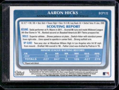 Aaron Hicks 2011 Bowman Chrome BCP172 IP Auto Autogramm RC Rookie * KOSTENLOSER VERSAND * - Bild 2 von 2