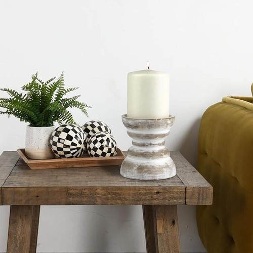 Stonebriar Antique White Wooden Pillar Candle Holder, 4 Inch, Off - Picture 5 of 6