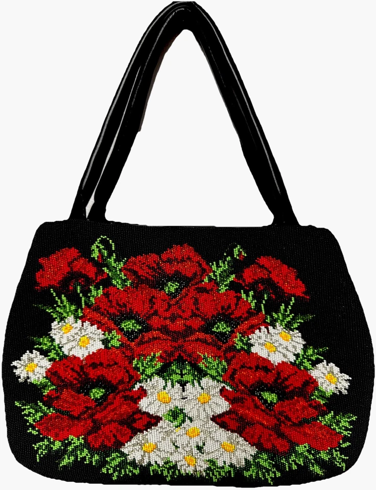 Bolso de cuero hecho a mano con cuentas de semillas checas bordado floral aspecto vintage hecho a mano Foto 3 de 4