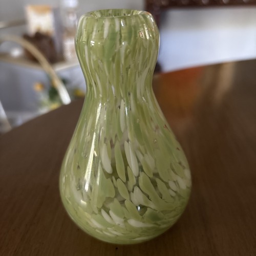 Art Glass Vase Hand Blown Light Green White Swirl Artisan - Picture 3 of 4
