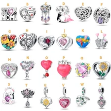 KUNSIR 925 Sterling Silver Charm For Bracelet Heart Bead Charm Love Mom CZ Charm