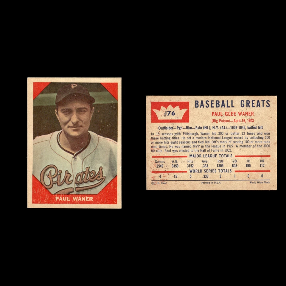 Tarjeta de béisbol Paul Waner #76 1960 Fleer Baseball Greats MLB EX Foto 3 de 3