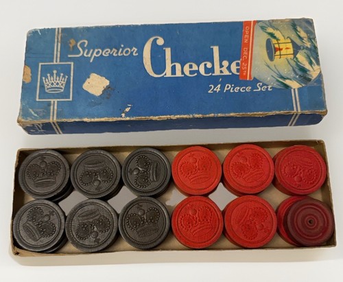 Vintage Embossed 23 Superior Checkers 24 Pieces - 1 Button Original Box Set BB36 - Picture 2 of 5