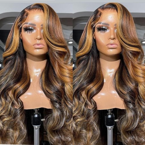 Yellow Highlights Brown 13x4 HD Lace Front Wigs Long Wavy Hair Wigs Glueless ... - Picture 5 of 5