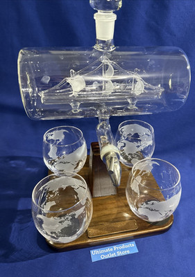 Ship  ️ in a Bottle  Decanter Set 35oz 4 Etched Glasses Wood Caddy Spigot