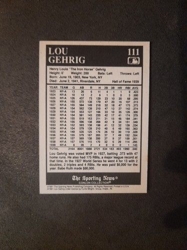 1991 The Sporting News Conlon Collection - 1927 Yankees Lou Gehrig #111 - Picture 2 of 2