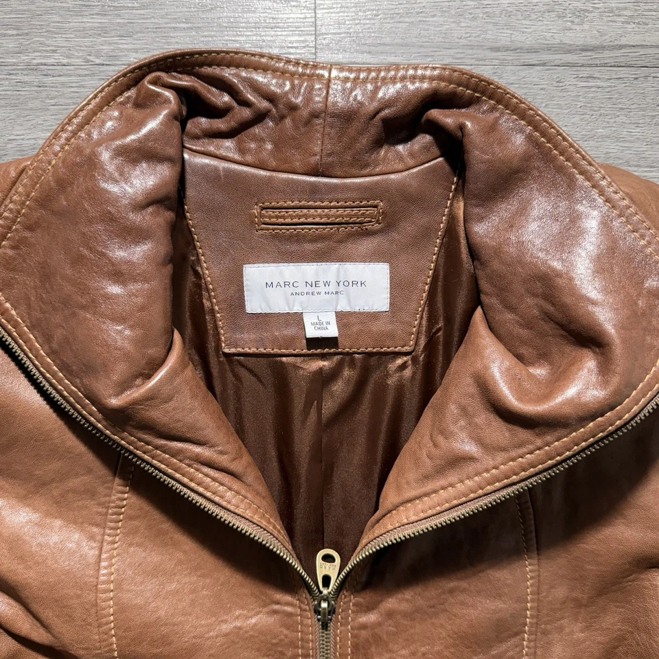 Marc New York Andrew Marc Mujer’s Marrón Cuero Suave Cremallera Bolsillos Chaqueta Grande Foto 4 de 4