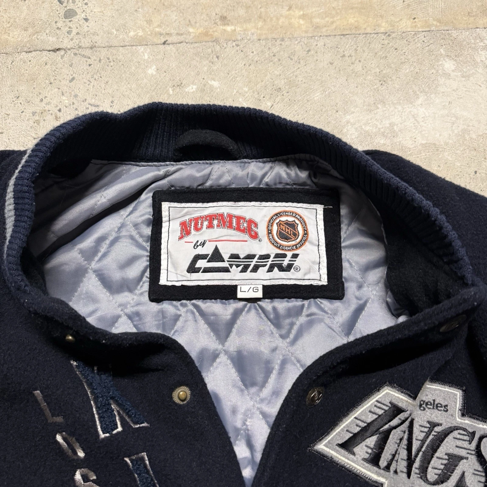 90s NHL Nutmeg LA Kings Wool Snap Button Varsity/Bomber Jacket Size L Y2K image 4