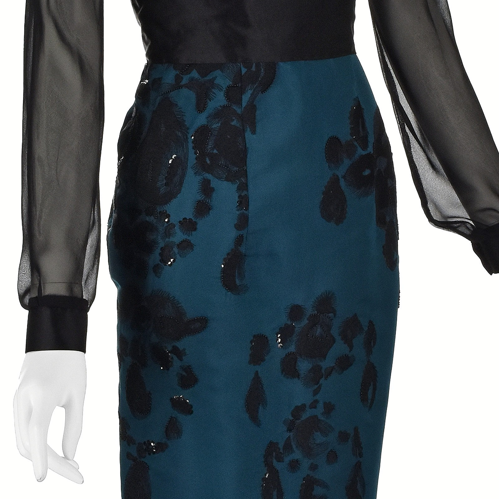 OSCAR DE LA RENTA Teal Silk Embroidered Dress w/Sheer Chiffon Sleeves F2012 SZ 8