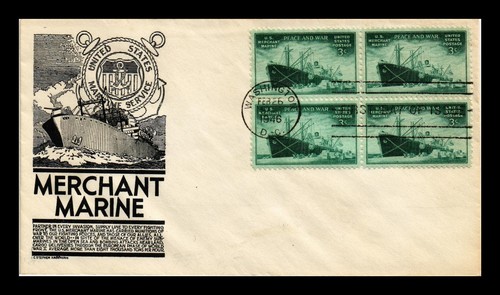 DR JIM BRIEFMARKEN US COVER WWII MERCHANT MARINE FDC SCOTT 939 4ER BLOCK ANDERSON