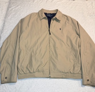 Polo Ralph Lauren Mens L Harrington Jacket Tan Khaki Windbreaker Check Lining