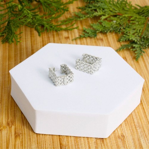 14K White Gold Rattan Square Huggie Hoops - Picture 3 of 3