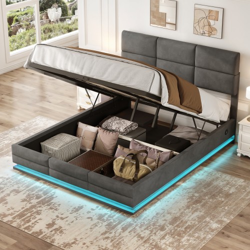 Polsterbett 140x200cm Doppelbett Bettgestell mit Bettkasten USB/ LED-Licht Grau - Bild 22 von 36