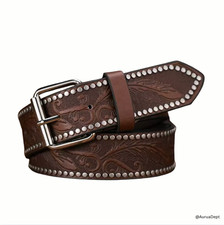 Brown Western Leather Belt   Embossed Cowboy Rodeo Studded Country Style - 120cm