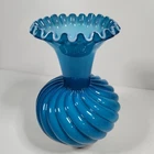 Vtg Fenton Jamestown Teal Blue Swirl Vase Crimpled Edge Cased Glass 6.25"