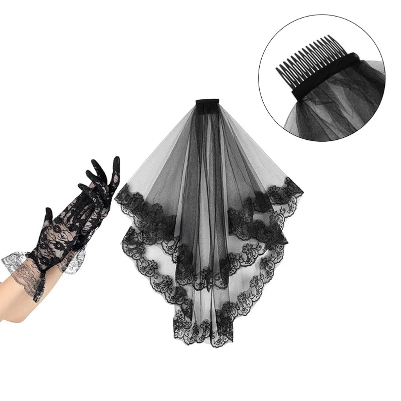 Halloween Party Essential Black Lace Veil with Gloves for a Haunting Look - Imagem 2 de 4