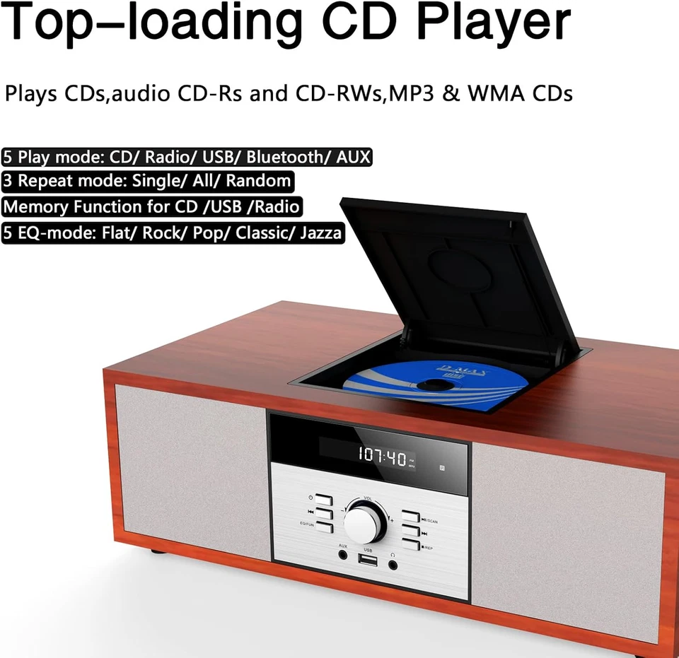 Nostalgische Bluetooth Stereoanlage für Zuhause, Vintage Micro HiFi Anlagen CD Player - Bild 3 von 4