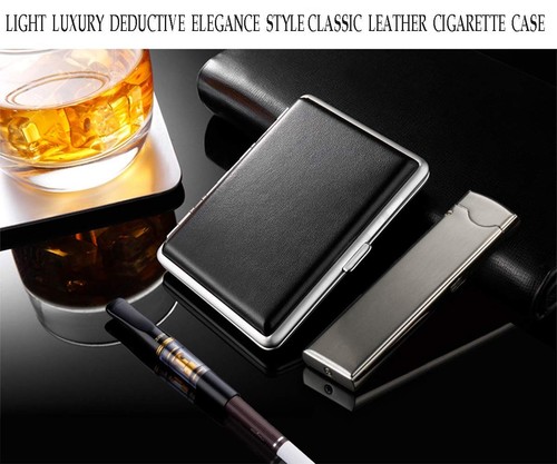 Cigarette Case Stylish Leather Surface Metal Box for 20 Black + Brown  - Picture 3 of 6