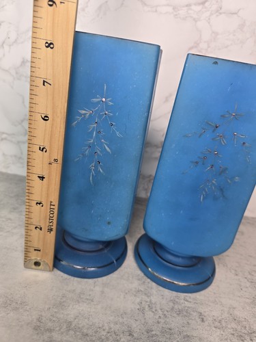 2 Set Antique Blue English Handpainted Bristol Glass Mantel Vase Floral Opalin - Picture 3 of 24