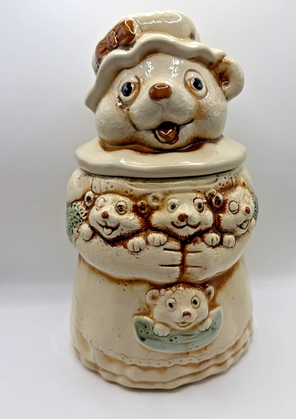 VTG Ceramic Cookie Jar Momma Bear & 4 Baby Bears Cream Color