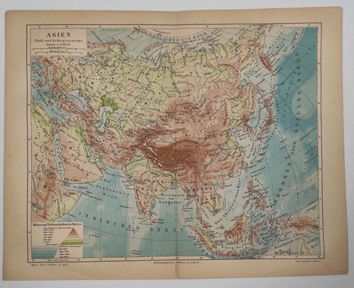 Antique Asia map river and mountain systems from Meyers Lexikon