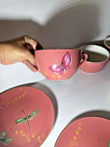 Lot Of 8 Anthropologie Dessert Plates and Tea Cups Pink Dragonflies & Butterfly - Picture 12 of 18
