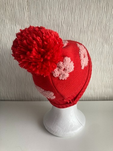 BNWT Next Baby Girls Red Pink Floral Winter Bobble Beanie Hat Size 3-9 Months - Picture 3 of 3
