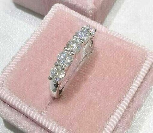1.50 Ct Round Cut Real Moissanite Half Eternity Wedding Ring 925 Sterling Silver - Picture 5 of 6