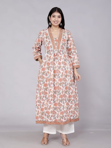 Hand block printed pure cotton anarkali kurti with pant and dupatta set, suits - Picture 6 of 8