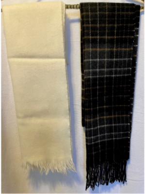 ROUNDTREE AND YORK PLAID SCARF 64''X12'' PLUS WHITE WOOL SCARF 49''X12'' FALL