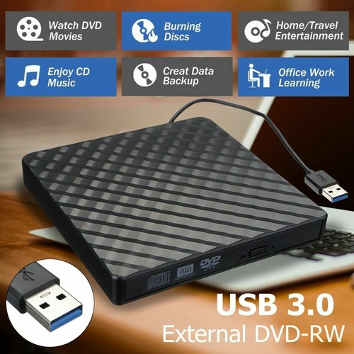 USB 3.0 Slim External DVD RW CD Writer Drive Burner Reader Player For Laptop PC - Afbeelding 1 van 7