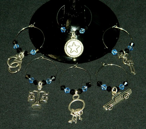 Police Wine Glass Charms Set of 6 Drink Markers THIN BLUE LINE NEW - Picture 2 of 3