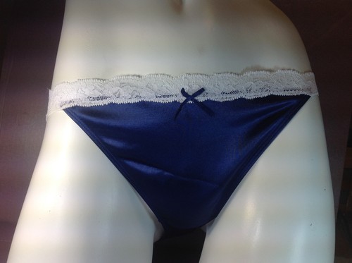 Women Panties,bikinis ILUSION Size L. Blue Satin Soft Silky W/ Fishnet Waistband - Picture 3 of 7