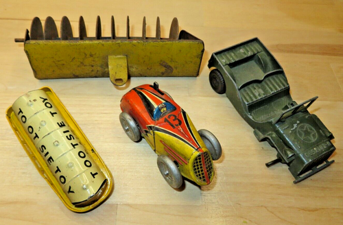 Lot of 4 Vtg Tootsie Toy Dairy Tank Army Jeep Marx Tin Litho Wind Up 13 Race Car - Picture 2 of 11