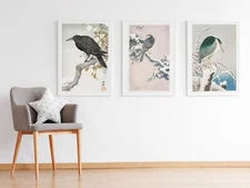 Set of 3 Japanese Woodblock Bird Wall Art Prints Posters Ohara Koson A3 A4 A5