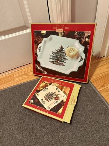 Spode Christmas Tree Porcelain Handled Serving Platter + PIERCED SQUARE TRAY