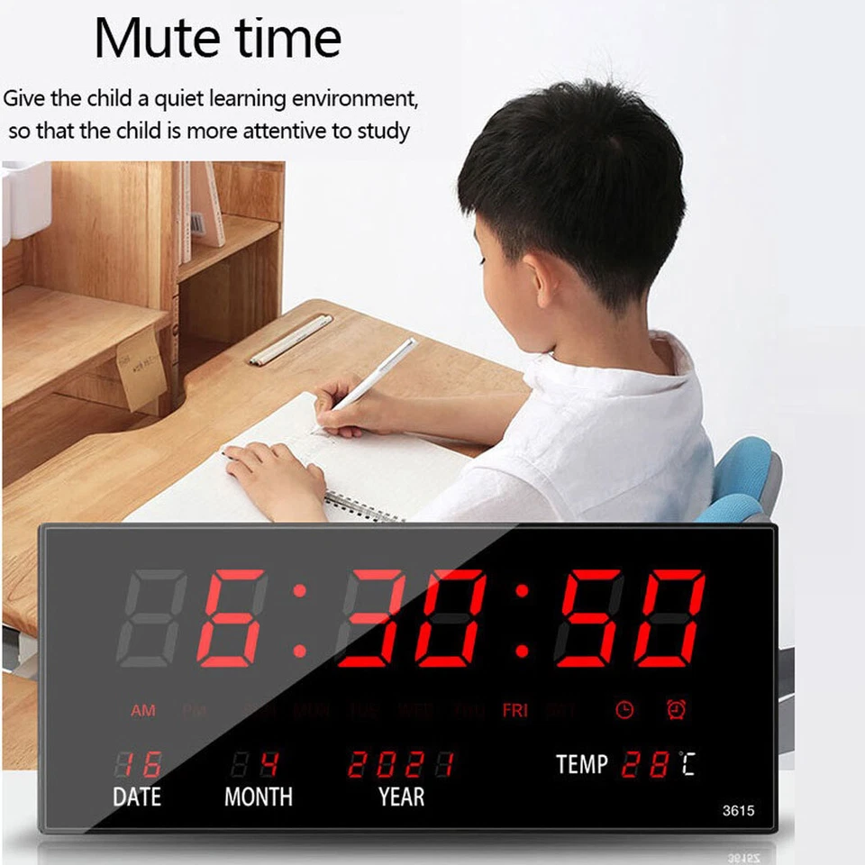 Led Digital Electronic Clock Calendar Temperature Wall Clock Bedroom Office USB - Image 4 of 4