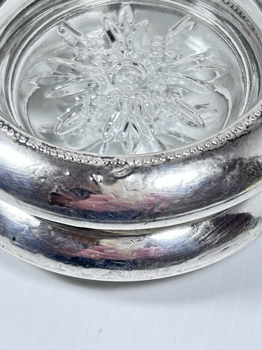 De Colección Par de Posavasos Empire Plata Esterlina Borde Copo de Nieve Vidrio 4" MCM Firmado - Imagen 8 de 13