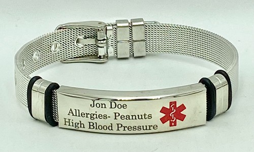 Custom Engraved Medical Alert ID Bracelet Mesh Band Stainless Steel Adjustable