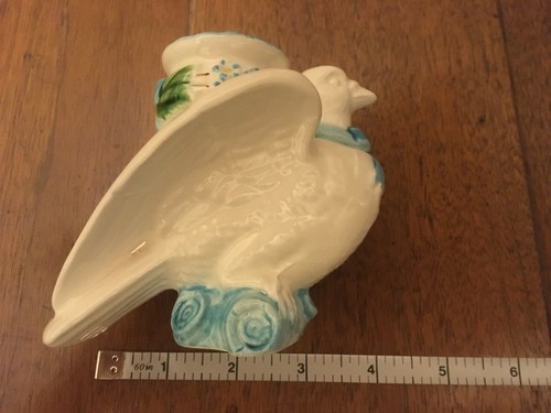 1988 Haldon WHITE DOVE bird w blue ribbon ~ ceramic taper candle holder Vintage - Picture 7 of 8
