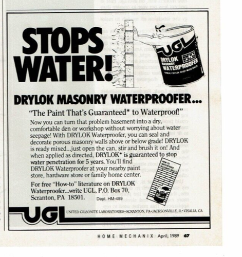 1989 Vintage Print Ad Stops Water Drylok Masonry Waterproofer UGL The Paint That - Picture 2 of 2