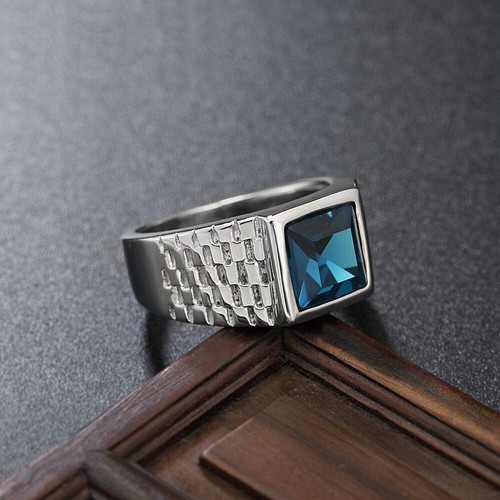 Square Blue Stone Wedding Ring Stainless Steel Men's Classic Jewelry Ring Biker - Picture 2 of 4