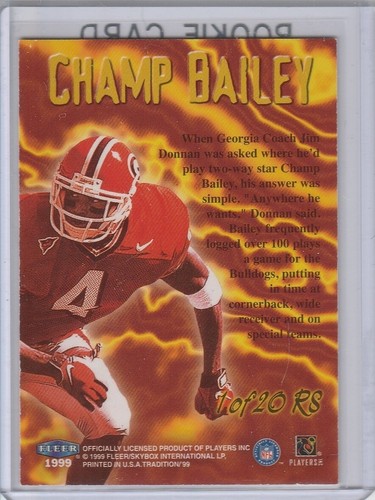 CHAMP BAILEY ROOKIE CARD 1999 Fleer Tradition Football SENSATIONS Foil Insert RC - Picture 2 of 2