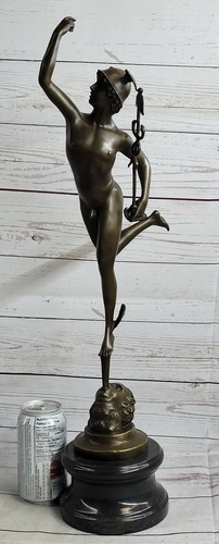 NUDE FLYING MERCURY BRONZE STATUE MARBLE BASE SCULPTURE ART ROMAN MYTHICAL GIFT - Picture 2 of 10