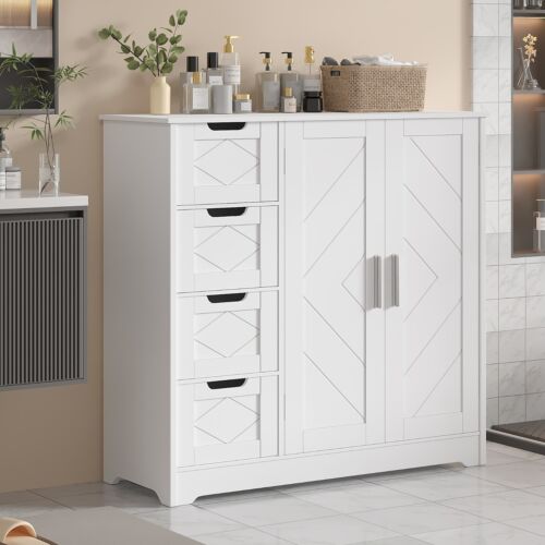 Bathroom Storage Floor Cabinet with Adjustabl Shelf, 4 Drawer Freestanding White - Picture 2 of 18