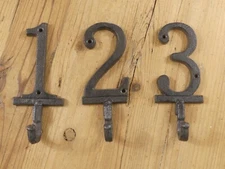 Large Cast Iron Number Hooks 1 2 3 Wall Mounted Rustic Farmhouse Coat Hat Cabin