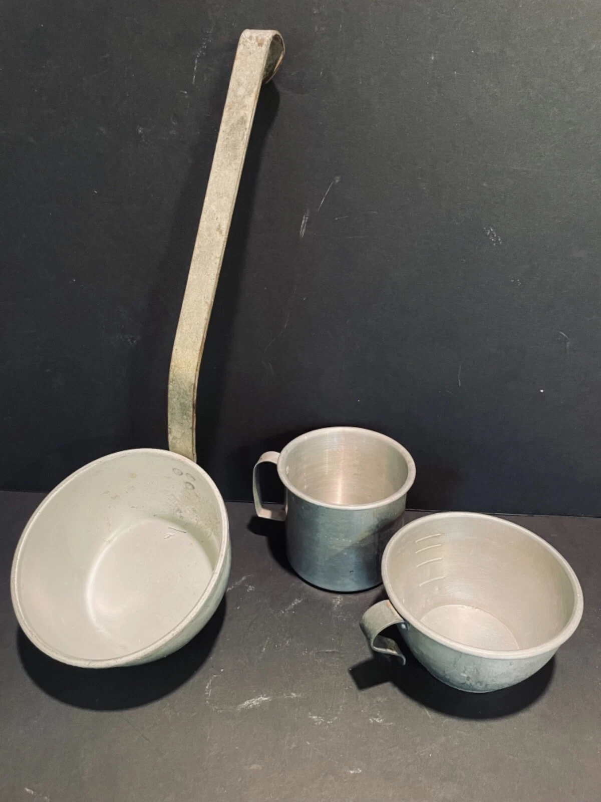 Vintage Aluminum “Tin” Cups and Ladle WearEver Set of 3 USA