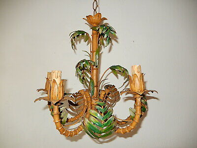 C 1950 French Faux Bamboo Tole Palm Tree 5 Light Chandelier Vintage 1 Of 2 C 1950 French Faux Bamboo Tole Palm, Metal Palm Tree Bamboo Chandelier