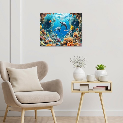 Blue Ocean Yellow Tropical Fish Dolphin Canvas Wall Art for Bathroom Living Room - Picture 15 of 16